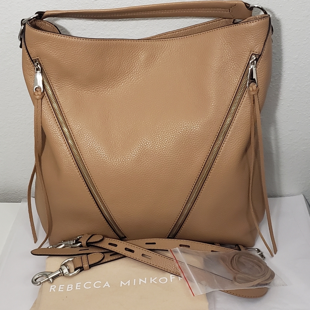 Rebecca minkoff moto hobo tan convertible crossbody shoulder bag silver
